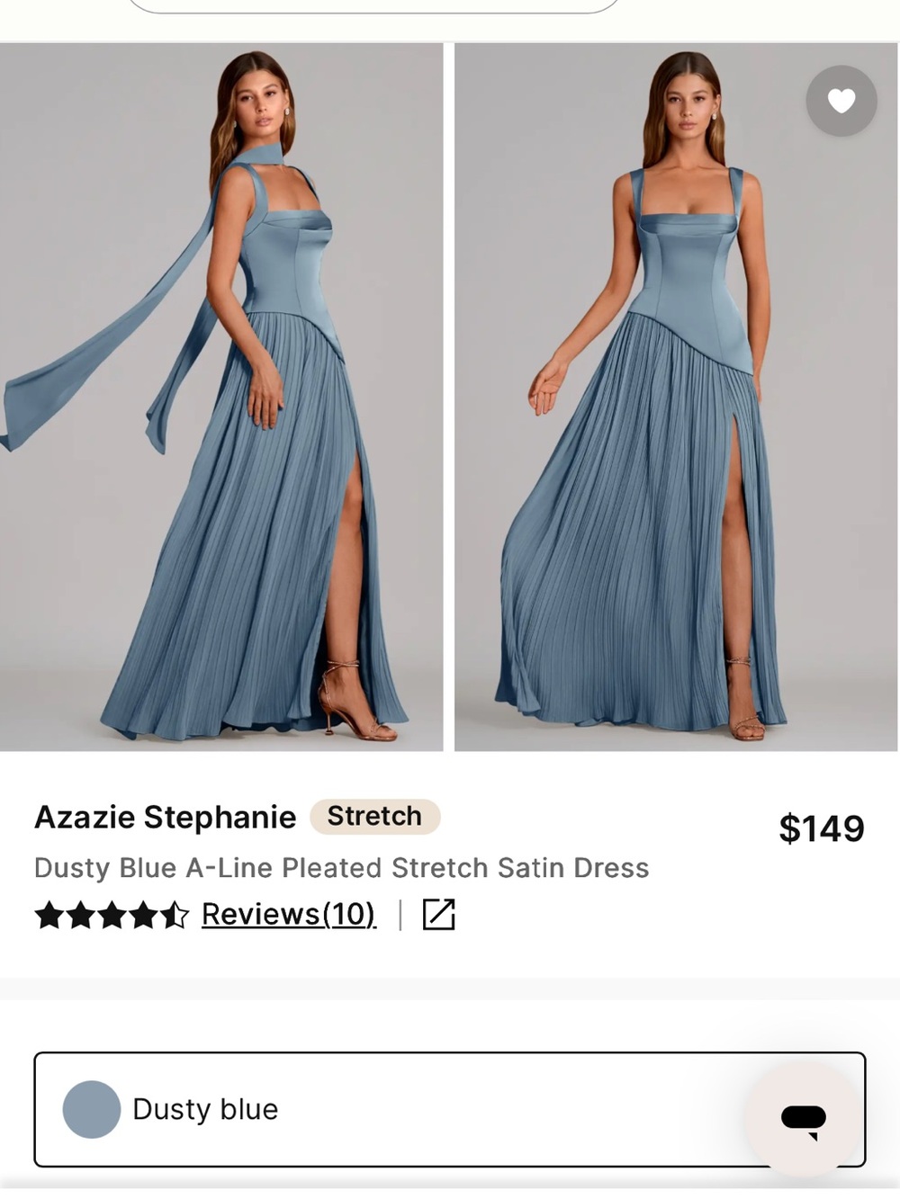 Azazie Stephanie Dusty Blue Pleated A-Line Satin Gown with Sash - Picture 2 of 4